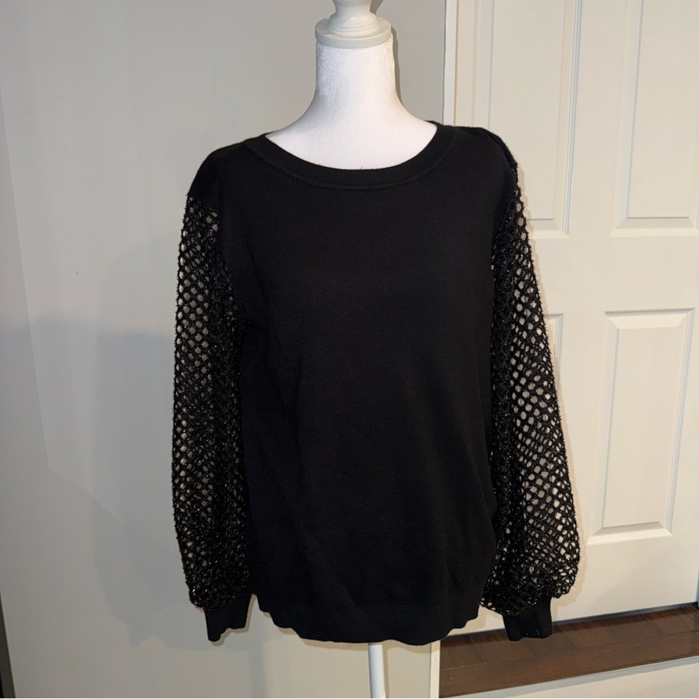 Sioni brand long sleeved black sweater w sparkle cobweb sleeves, ladies'‎ size L